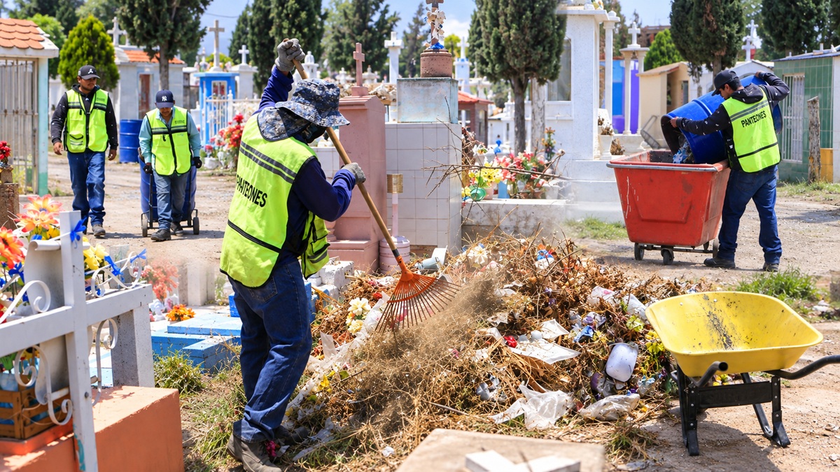 Personal de Servicios Municipales realiza labores de limpieza en panteones de Villa de Pozos previo al Día de Muertos.